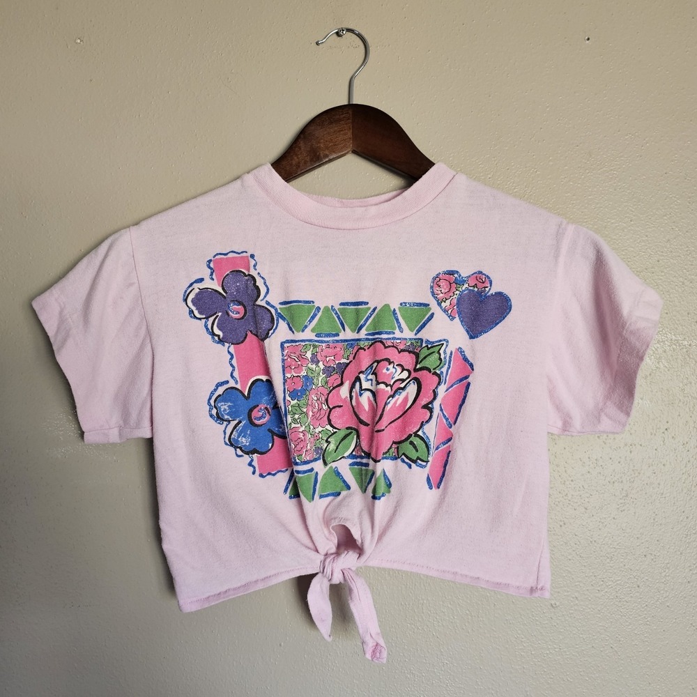 Vintage 90s Floral Crop Top Womens S Pink Coquette Cottagecore Retro Neon